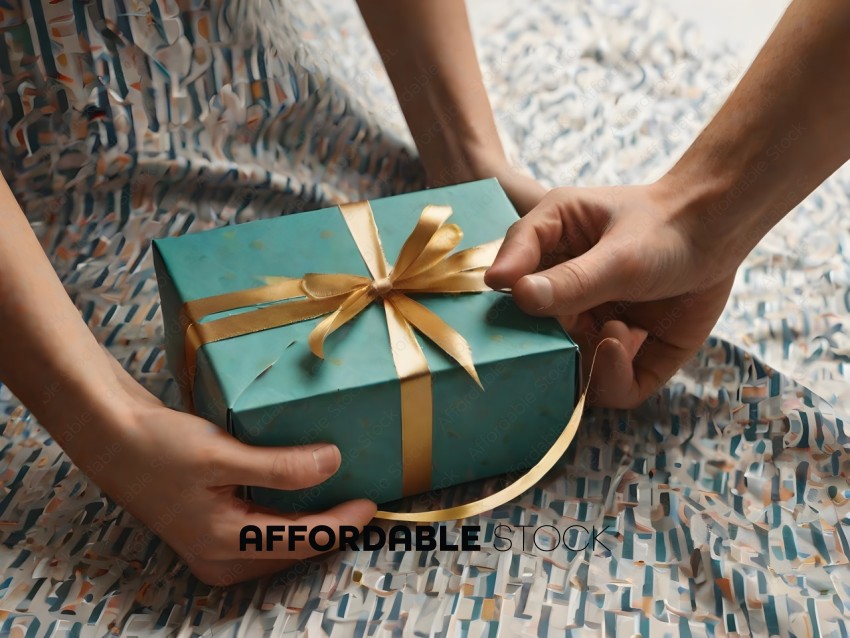 A person is holding a blue gift wrapped in gold paper