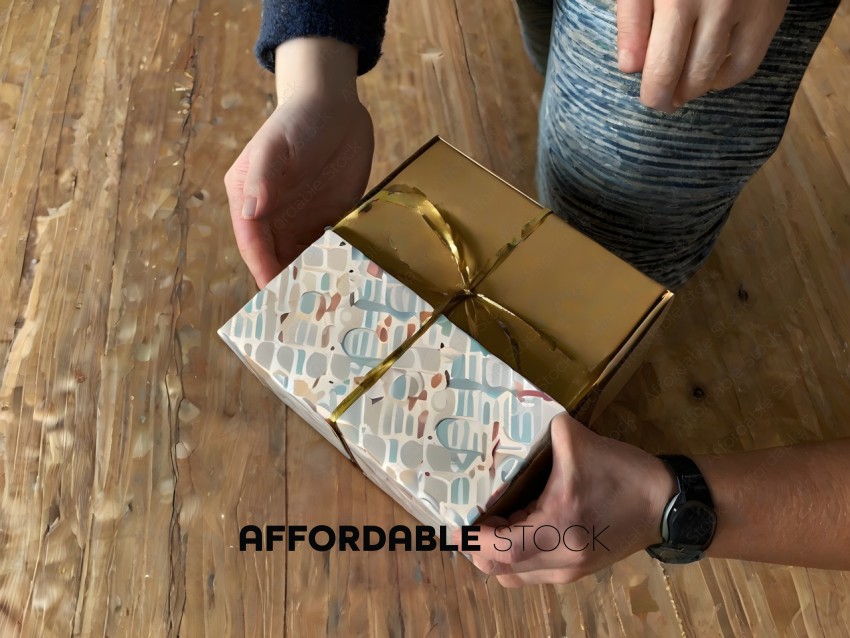 A person holding a gift wrapped in gold paper with a bow