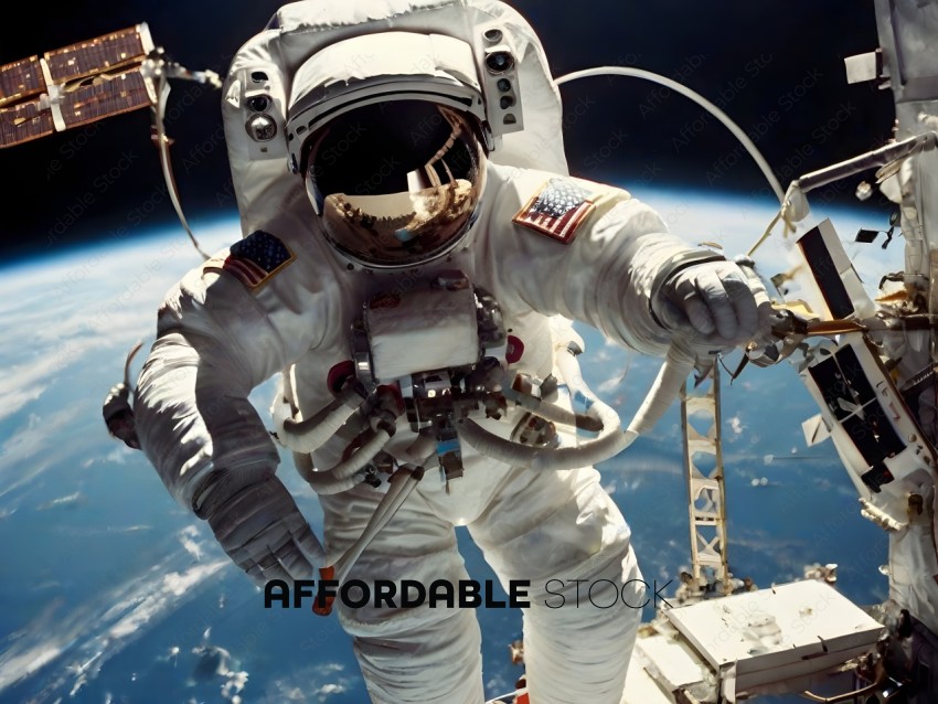 Astronaut in a white space suit with an American flag patch on the chest