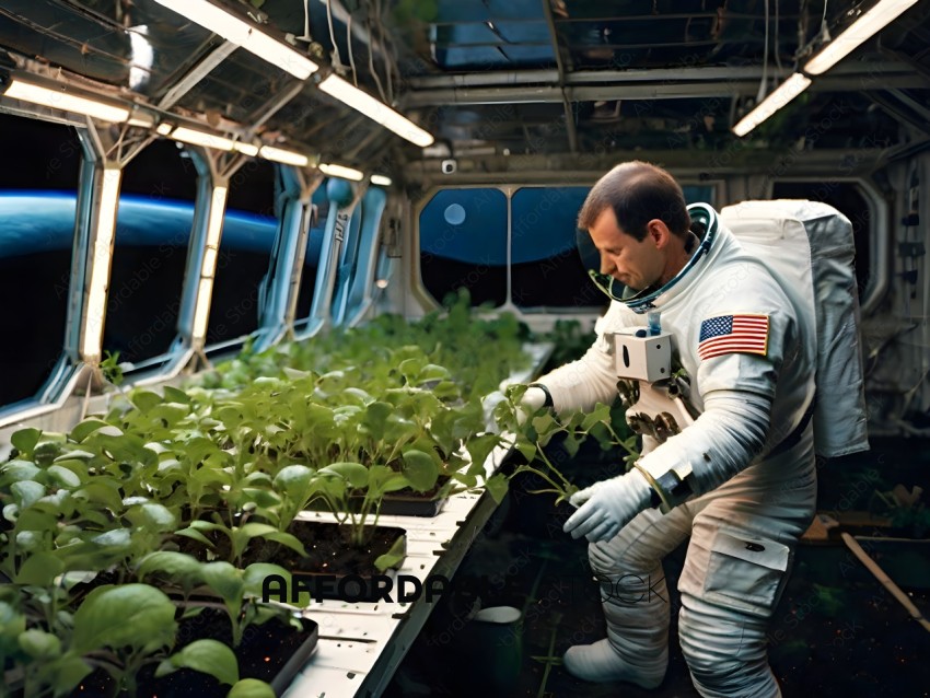 Astronaut in a space suit tending to plants