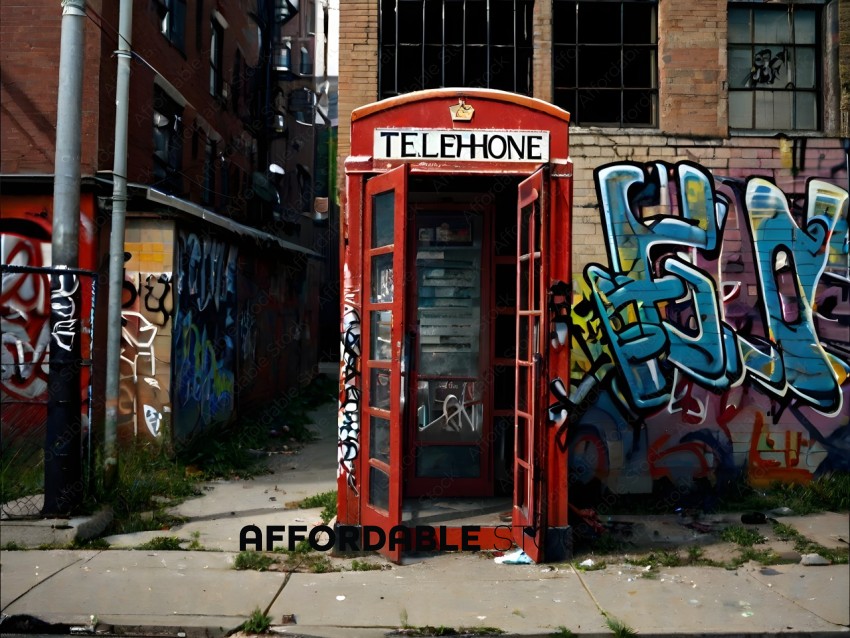 A Red Phone Booth with Graffiti on the Wall