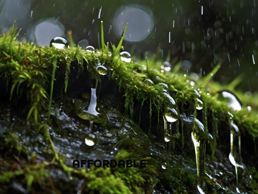 Moss covered rock with water droplets