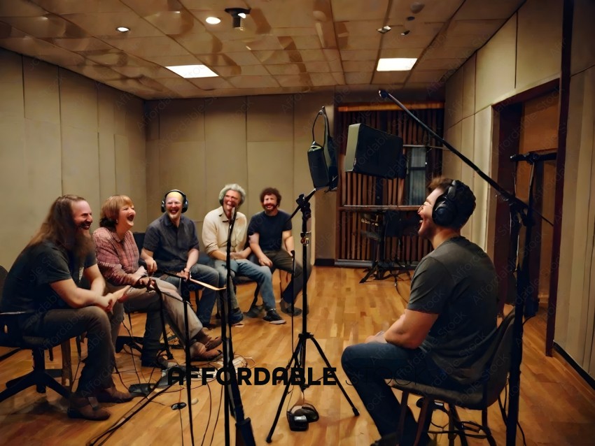 A group of men in a recording studio laughing