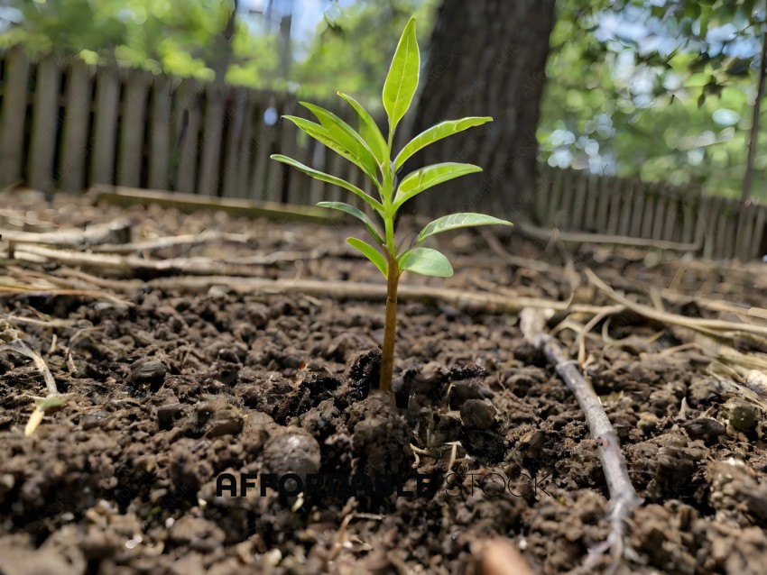 A small green plant sprouts from the dirt