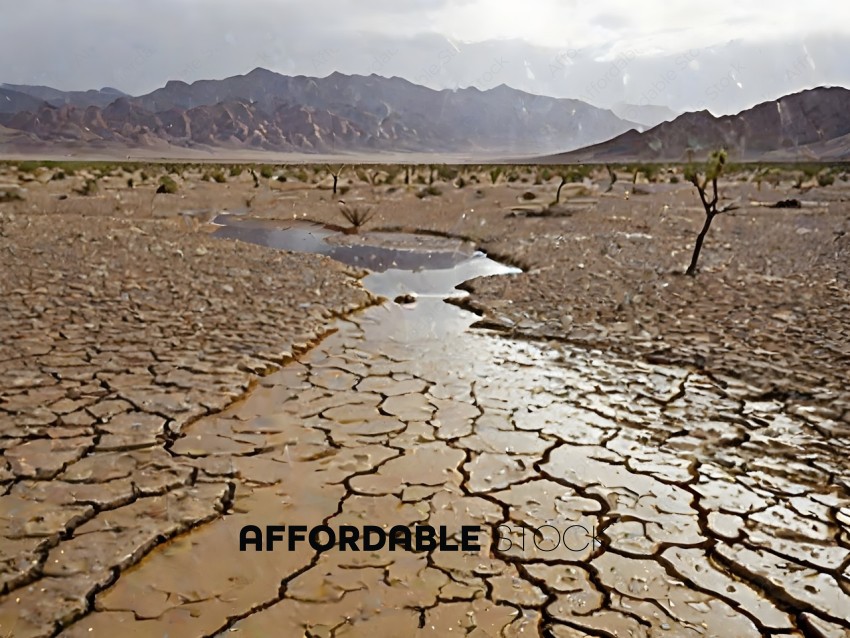 Dry river bed with cracked earth and desert vegetation