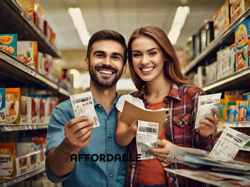A man and a woman holding up tickets in a store
