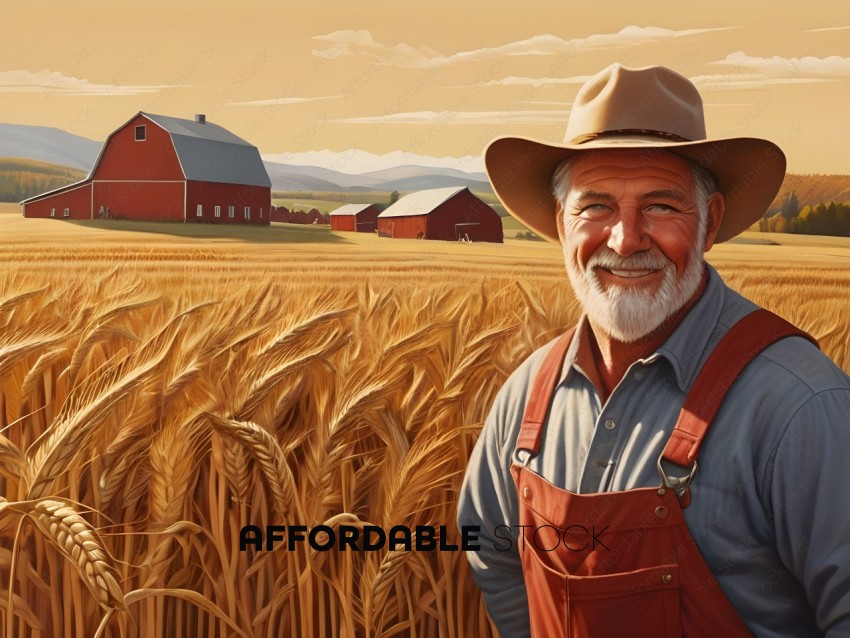 A man in a red suspenders and a cowboy hat standing in a field of wheat