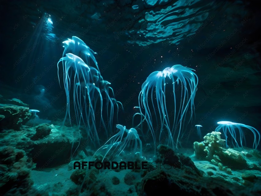 A group of blue and white sea creatures in a dark underwater environment