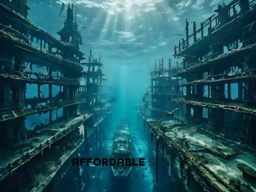 A sunken shipyard with a long line of boats