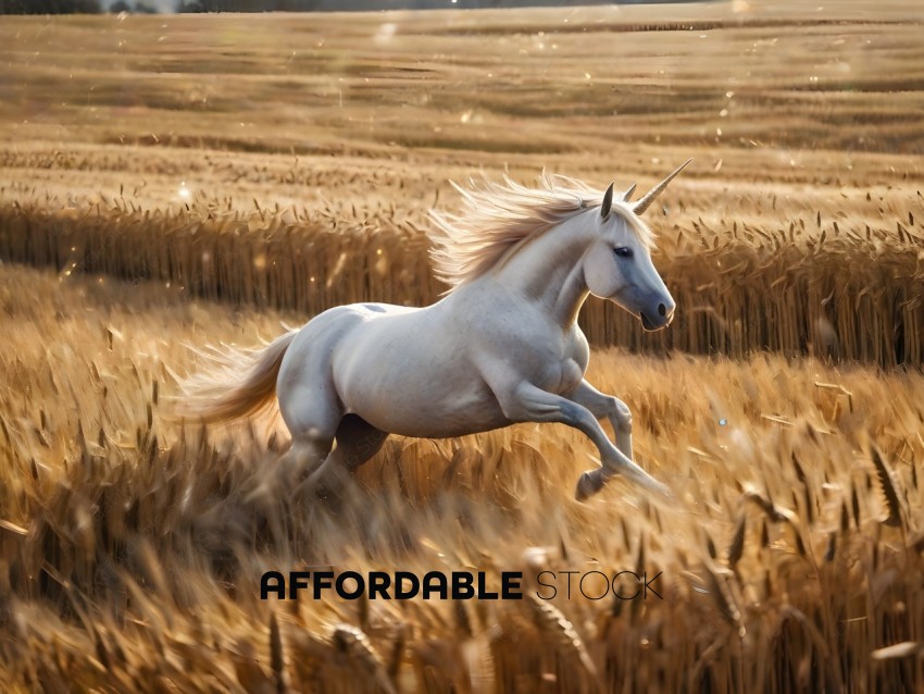 A white unicorn running through a field of wheat
