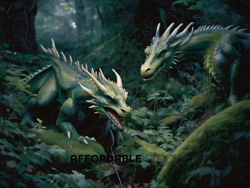 Two dragons in a forest