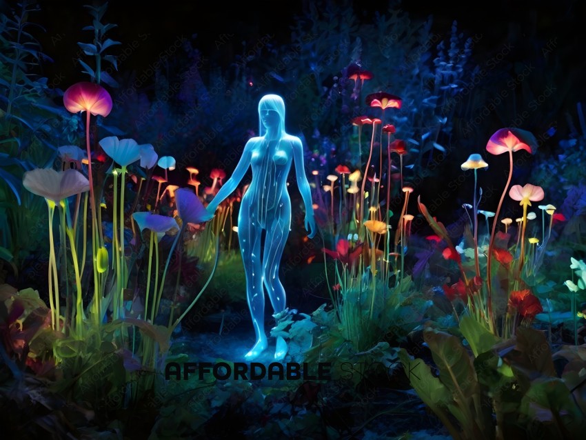 A blue glowing woman in a garden