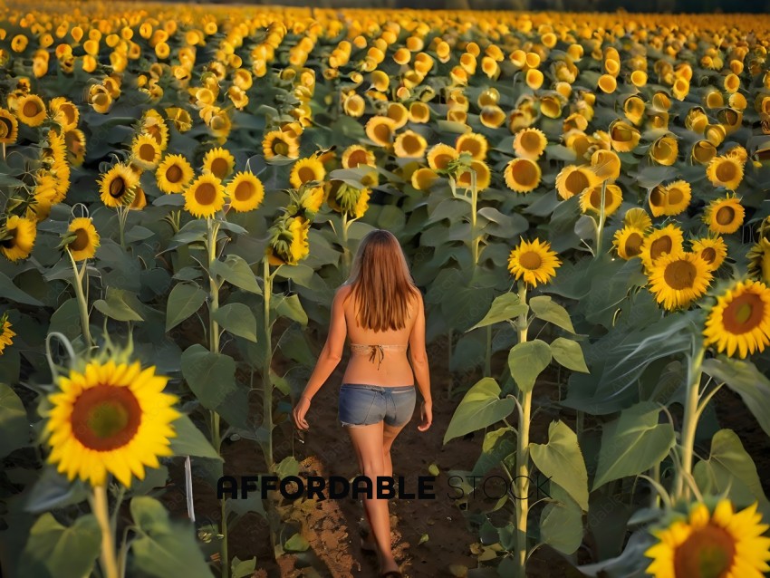 A woman walks through a field of sunflowers