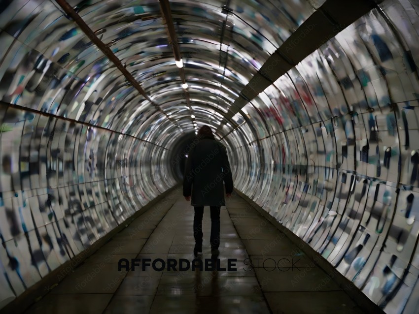 A person walking through a tunnel with a lighted ceiling