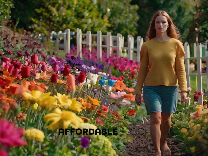 A woman walking through a flower garden