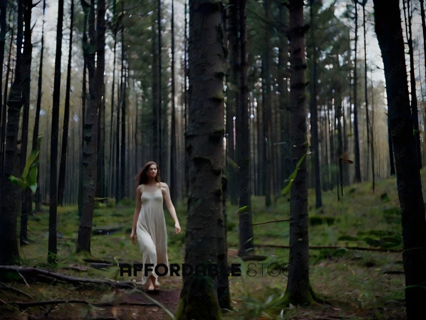 A woman in a white dress walks through a forest
