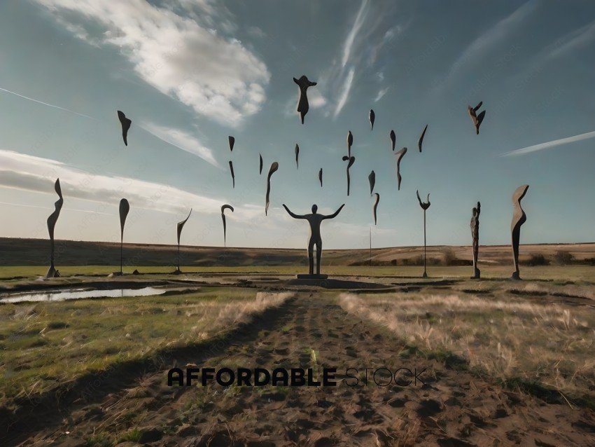Statues of people and animals flying in the sky