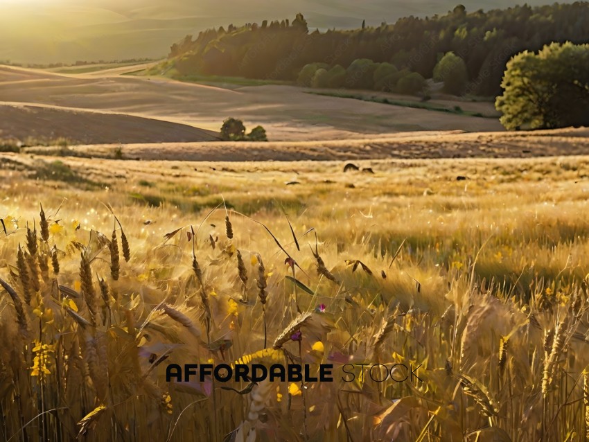 A field of wheat with a sunset in the background