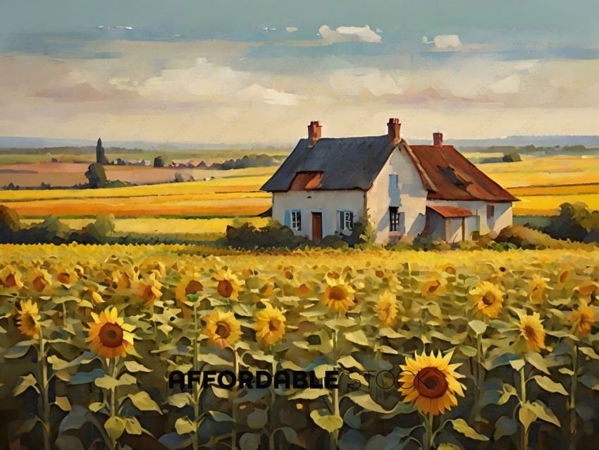 A painting of a house in a field with sunflowers