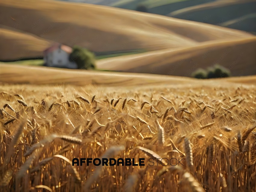 A field of wheat with a house in the background