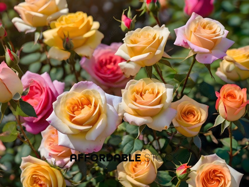 A bouquet of yellow, pink, and white roses