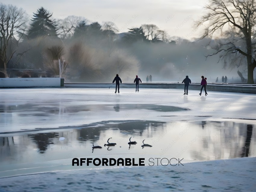 People ice skating on a frozen lake
