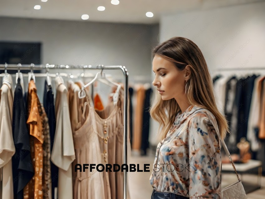 A woman in a clothing store looking at dresses