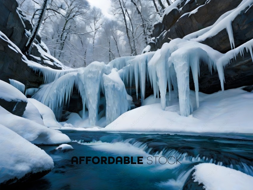 Frozen waterfall with snow and ice
