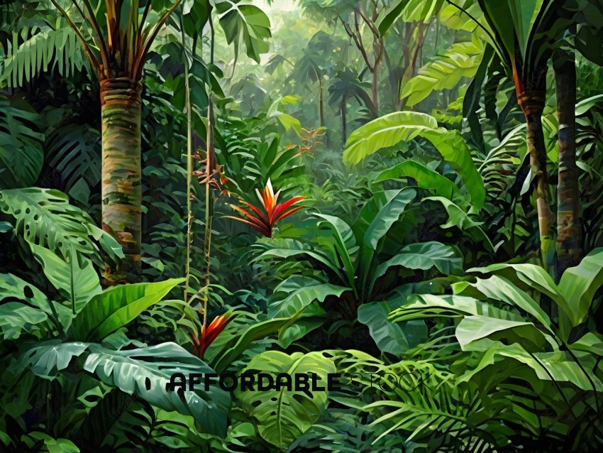A painting of a dense jungle with a red flower