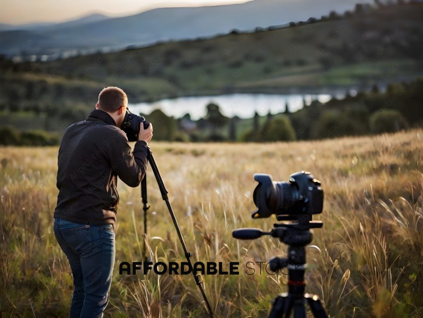 Man with camera in field with tripod