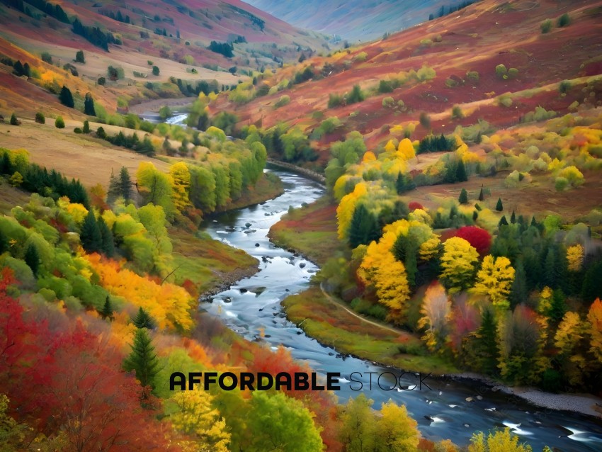 A beautiful autumn scene with a river running through a valley