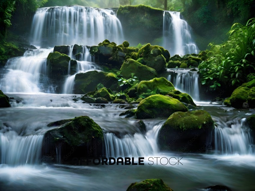A waterfall with mossy rocks and plants