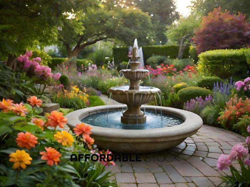A garden with a fountain and flowers