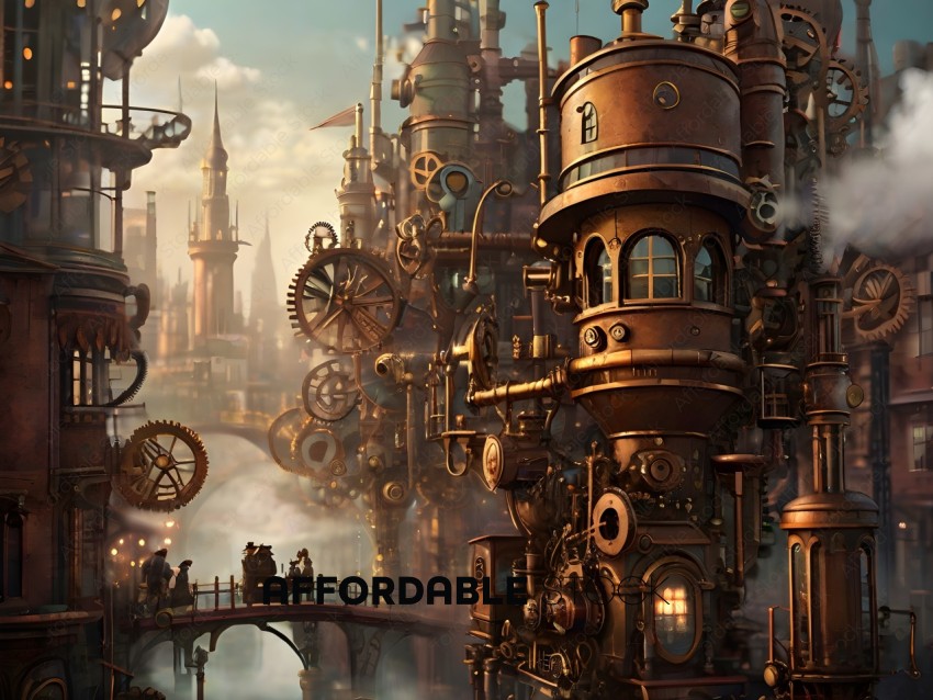 A fantasy city with a large clock tower and many gears