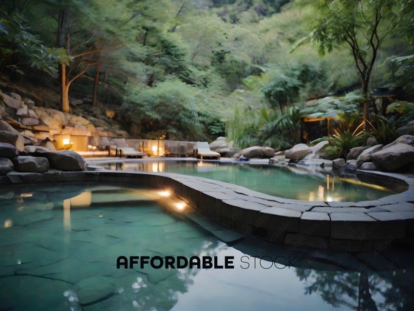 A serene pool with a rock wall and a forest in the background