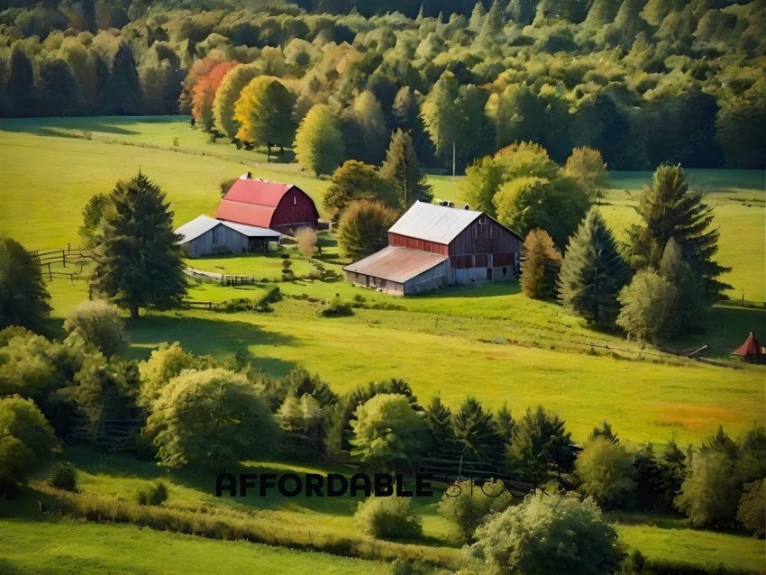 A picturesque farm scene with a red barn and a white barn