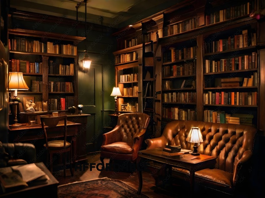 A library with a green wall and brown leather furniture