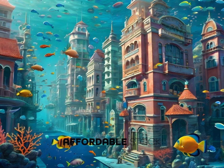 A city with a lot of buildings and fish