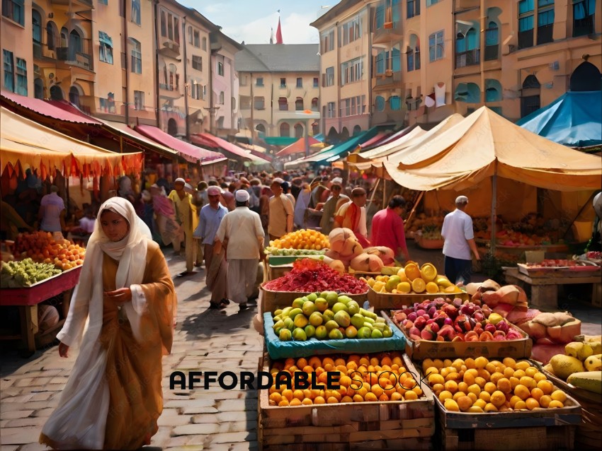 A marketplace with a large crowd of people shopping for fruit