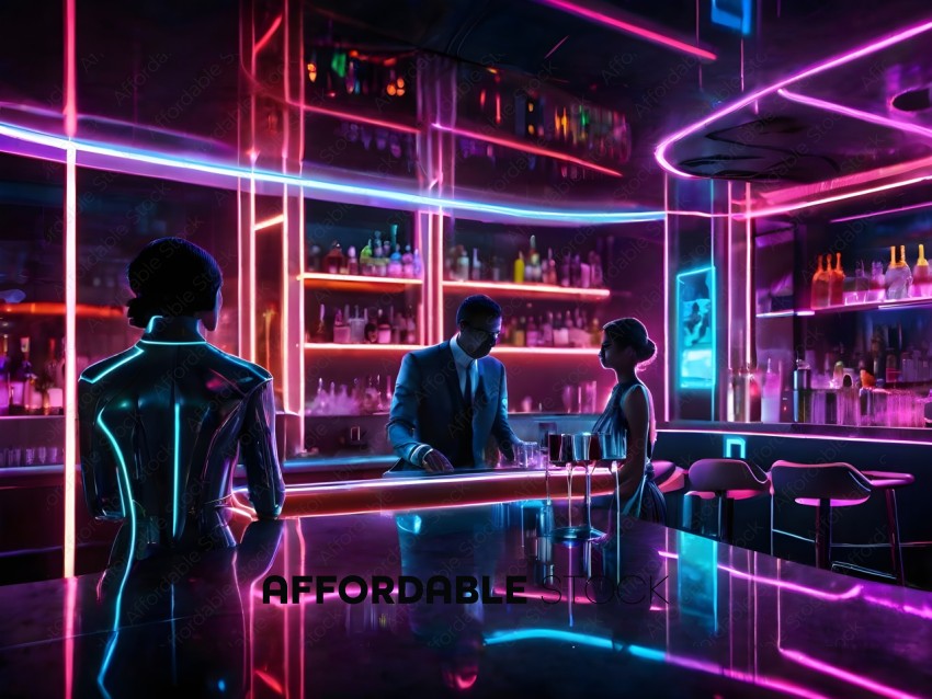 A bar scene with neon lights and patrons
