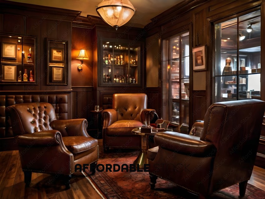 A darkly lit room with leather furniture and a bar