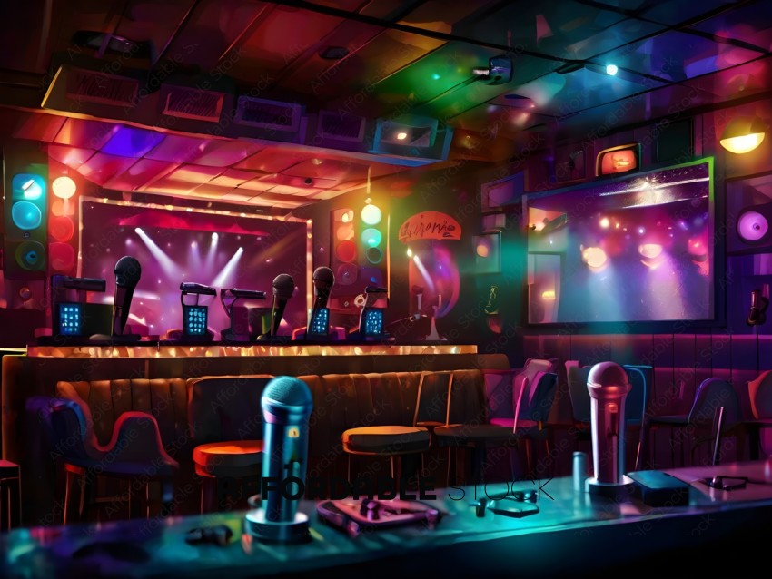 A colorful bar with a stage and microphones