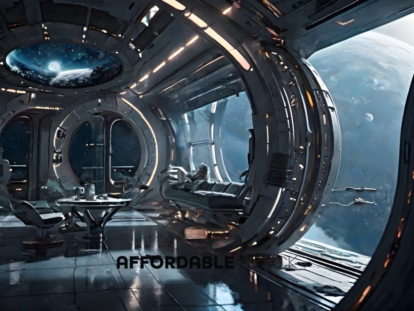 A futuristic space station with a large window