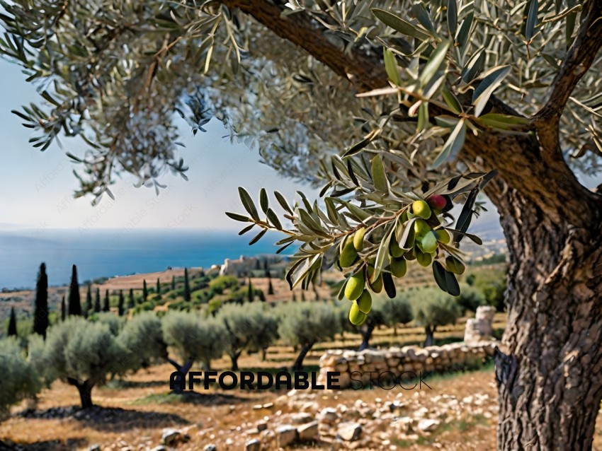 A tree with green leaves and olives