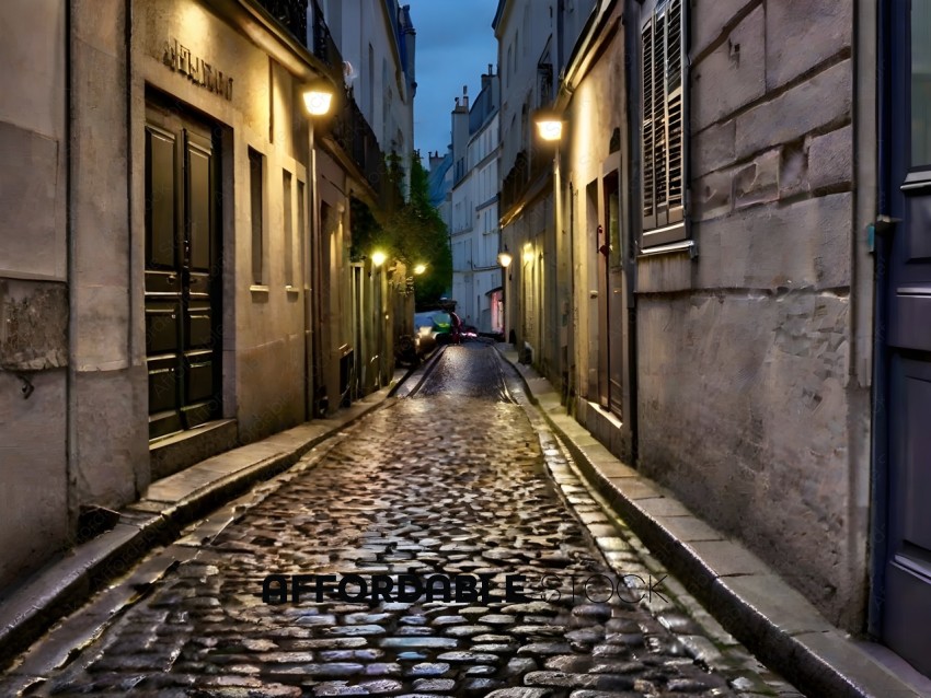 Cobblestone alleyway in a city at night