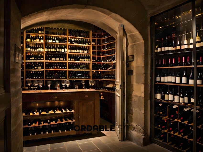 Wine Cellar with Bottles and Wine Glasses