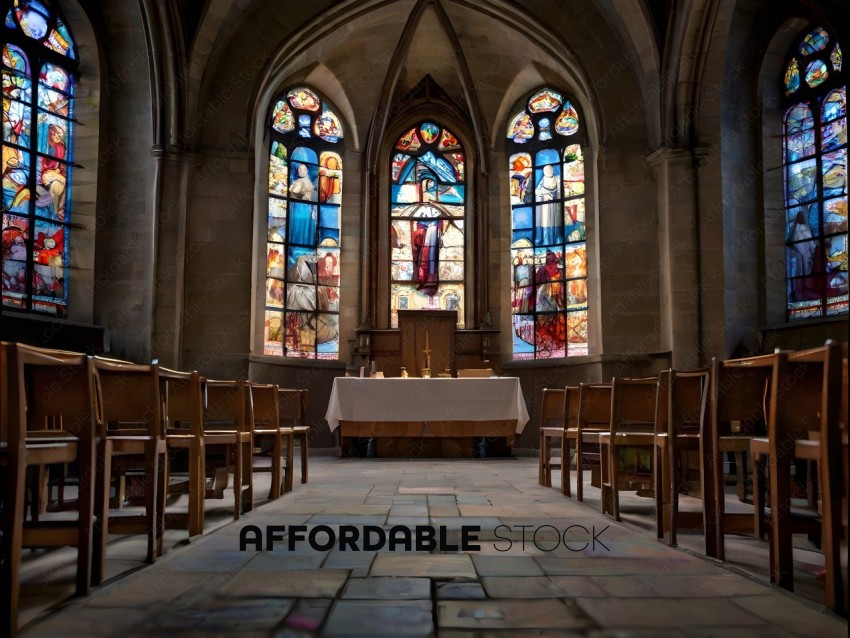 A church with stained glass windows and a wooden table