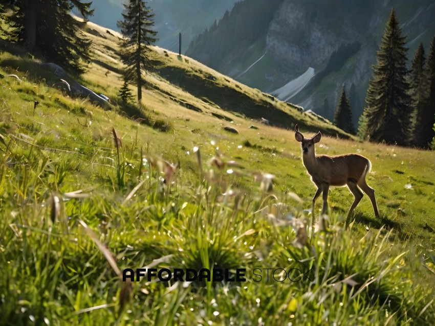 A deer in a field with mountains in the background