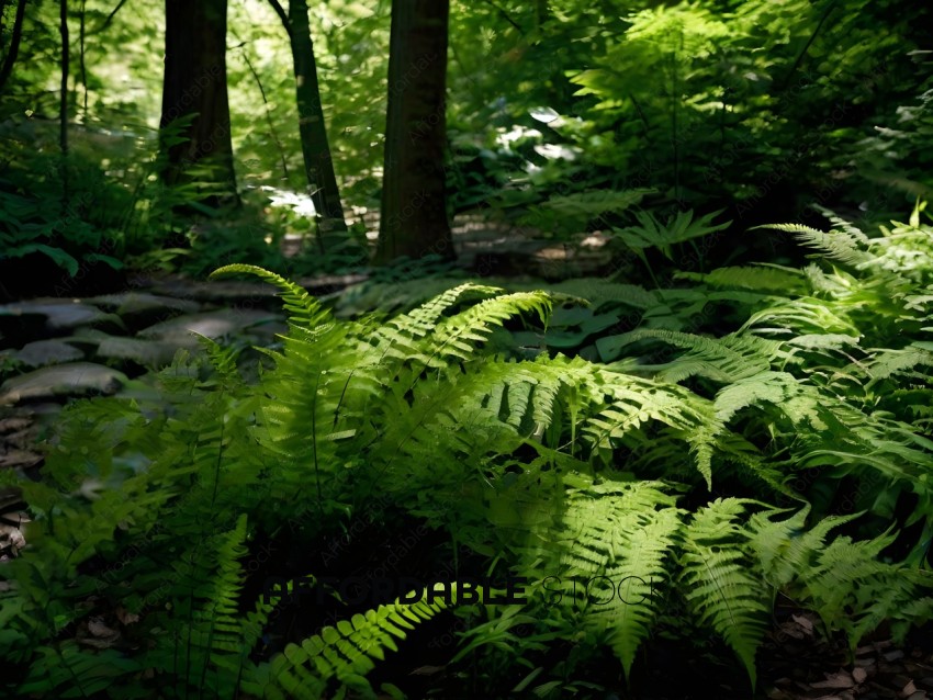A forest with a lot of ferns and trees