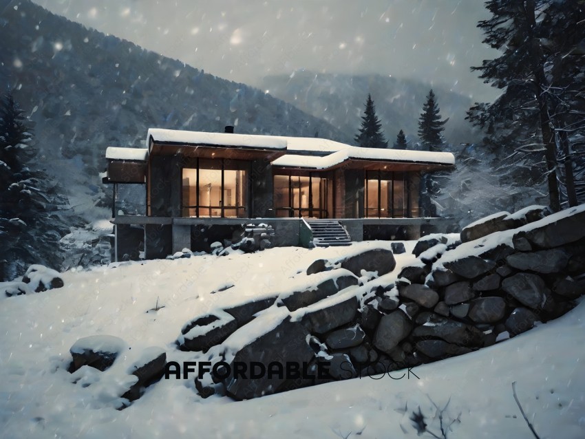 Snowy Mountain Home with Large Rocks